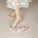 Rhinestone square buckle ladies slippers flat bottom soft - Image 6