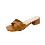 Large size niche retro brown thick heel slippers for women - Image 8